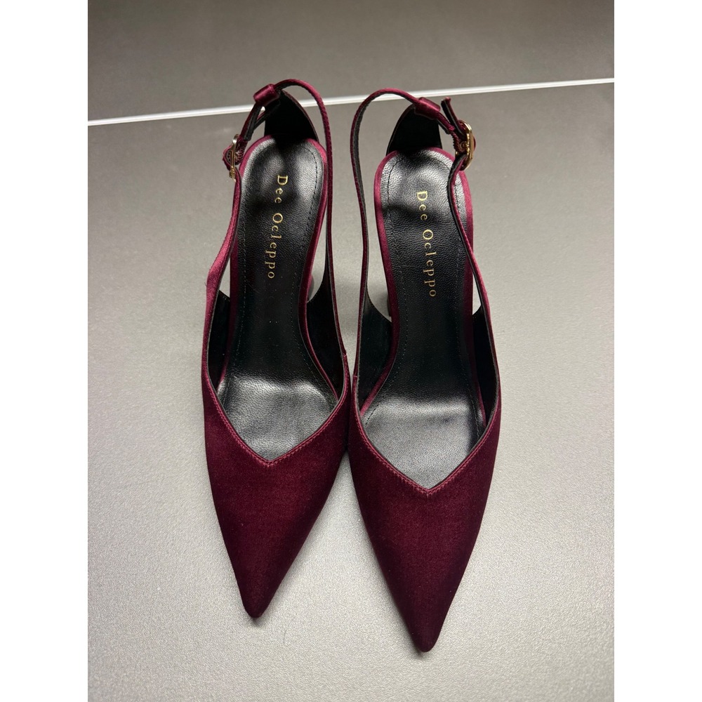 Dee Ocleppo Burgundy Satin Pointed Toe Slingback Flared Heel Pumps Womens 6